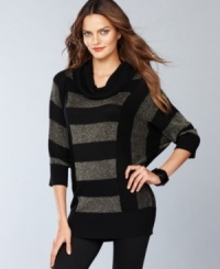 A sweater of a different stripe, INC contrasts solids with sparkling metallic knits for a wholly unique look. The longer tunic length works well with leggings or skinny jeans too. A sweater of a different stripe, INC contrasts solids with sparkling metallic knits for a wholly unique look. The longer tunic length works well with leggings or skinny jeans too.