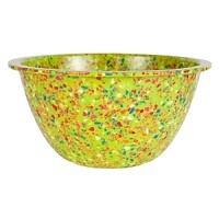 This bowl is made of recycled durable melamine. It would make a fun addition to any kitchen. The bowl is durable enough to use with an electric mixer. Stain resistant. This bowl is made of recycled durable melamine. It would make a fun addition to any kitchen. The bowl is durable enough to use with an electric mixer. Stain resistant.