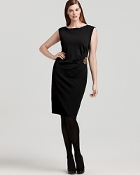 The flattering ruching on this Jones New York Collection sleeveless dress finishes at the side in a cluster of golden beads, adding an artful air to the always-appropriate LBD. The flattering ruching on this Jones New York Collection sleeveless dress finishes at the side in a cluster of golden beads, adding an artful air to the always-appropriate LBD.