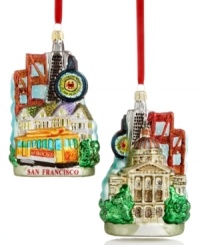 Spend Christmas by the bay with Kurt Adler's San Francisco Cityscape ornament, featuring the Golden Gate Bridge, Painted Ladies and more must-see places in sparkling glass. Shown front and back. Spend Christmas by the bay with Kurt Adler's San Francisco Cityscape ornament, featuring the Golden Gate Bridge, Painted Ladies and more must-see places in sparkling glass. Shown front and back.