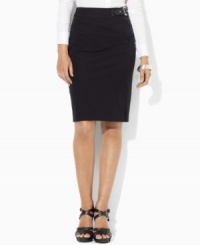 A heritage-inspired faux-leather buckle at the waist updates Lauren by Ralph Lauren's classic pencil skirt silhouette, crafted in sleek stretch twill. (Clearance) A heritage-inspired faux-leather buckle at the waist updates Lauren by Ralph Lauren's classic pencil skirt silhouette, crafted in sleek stretch twill. (Clearance)