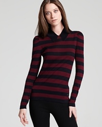 Bold stripes and a graphic collar lend high impact to Burberry London's crepe knit sweater, the ideal choice when a lightweight layer is optimal. Team with skinny jeans and towering booties and head out for a day of shopping and dining. Bold stripes and a graphic collar lend high impact to Burberry London's crepe knit sweater, the ideal choice when a lightweight layer is optimal. Team with skinny jeans and towering booties and head out for a day of shopping and dining.