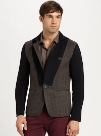 The next level of stylish suiting separates, this trend-setting design features a chevron tweed pattern with contrasting collar and sleeves and leather elbow patch detail for a surprising finishing touch.Button-frontChest, waist welt pocketsRear ventAbout 27 from shoulder to hem50% polyamide/50% woolDry cleanImported The next level of stylish suiting separates, this trend-setting design features a chevron tweed pattern with contrasting collar and sleeves and leather elbow patch detail for a surprising finishing touch.Button-frontChest, waist welt pocketsRear ventAbout 27 from shoulder to hem50% polyamide/50% woolDry cleanImported