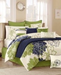 A pattern of oversized dahlias make a bold statement in this Lola comforter set, featuring a bright green and navy palette and complementary quilted accents for relaxing texture. Five distinctive decorative pillows offer added style for a completely contemporary look. A pattern of oversized dahlias make a bold statement in this Lola comforter set, featuring a bright green and navy palette and complementary quilted accents for relaxing texture. Five distinctive decorative pillows offer added style for a completely contemporary look.