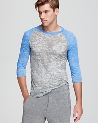 Like the favorite shirt you've had for years, but fresh, new and updated, this baseball tee features a burnout treatment, contrast raglan sleeves and a round hem. It'll hang just right. Like the favorite shirt you've had for years, but fresh, new and updated, this baseball tee features a burnout treatment, contrast raglan sleeves and a round hem. It'll hang just right.