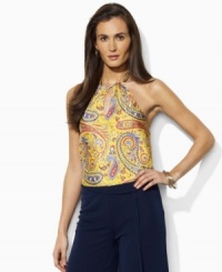 Luxuriously designed in breezy silk, this exquisite Lauren by Ralph Lauren halter top is finished with a vivid paisley print for a stunning look. Luxuriously designed in breezy silk, this exquisite Lauren by Ralph Lauren halter top is finished with a vivid paisley print for a stunning look.