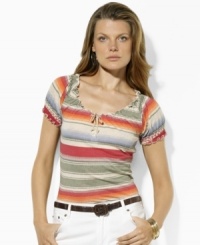 A bohemian smocked neckline and soft cotton jersey construction makes Lauren Jeans Co.'s peasant tee an essential for the season. A bohemian smocked neckline and soft cotton jersey construction makes Lauren Jeans Co.'s peasant tee an essential for the season.