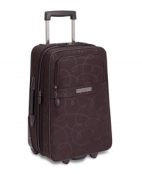 Put your signature on travel! A classic pirouette pattern opens to reveal a coordinating amethyst lining, which features two separate packing areas, an expandable lid and attractive ruffle accenting. Your wardrobe takes front seat in this fully-stocked case with padded garment straps for wrinkle-free travel, a slipper satchel for keeping tabs on shoes and two hideaway zip compartments for small accessories. Put your signature on travel! A classic pirouette pattern opens to reveal a coordinating amethyst lining, which features two separate packing areas, an expandable lid and attractive ruffle accenting. Your wardrobe takes front seat in this fully-stocked case with padded garment straps for wrinkle-free travel, a slipper satchel for keeping tabs on shoes and two hideaway zip compartments for small accessories.