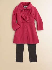 Tailored seams and ruffled bib detail make this classic peacoat design perfect for dressy occasions.Rounded collarFront button closureTailored seamsPolyester/viscoseFully linedMachine washImported