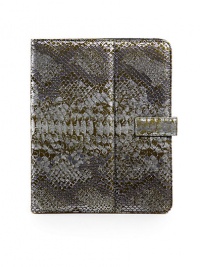 THE LOOKCarries, protects and displays all iPad® modelsRectangle silhouetteFront snap tab closureMetallic snake embossed leather designPadded exteriorFelt-lined interiorFour elastic and leather tablet corner holdersTHE FIT10½W X 8¼H X ½DTHE MATERIALLeatherFelt liningORIGINImportedPlease note: iPad® or tablet not included. THE LOOKCarries, protects and displays all iPad® modelsRectangle silhouetteFront snap tab closureMetallic snake embossed leather designPadded exteriorFelt-lined interiorFour elastic and leather tablet corner holdersTHE FIT10½W X 8¼H X ½DTHE MATERIALLeatherFelt liningORIGINImportedPlease note: iPad® or tablet not included.