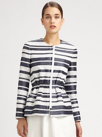 Pleated waistband lends a peplum-inspired silhouette to this striped jacket with a front zipper and lustrous metallic finish. JewelneckLong sleevesFront zipperPleated waistbandAbout 24 from shoulder to hemFully linedPolyester/cotton/acrylicDry cleanImported of Italian fabricModel shown is 5'10 (177cm) wearing US size 4. Pleated waistband lends a peplum-inspired silhouette to this striped jacket with a front zipper and lustrous metallic finish. JewelneckLong sleevesFront zipperPleated waistbandAbout 24 from shoulder to hemFully linedPolyester/cotton/acrylicDry cleanImported of Italian fabricModel shown is 5'10 (177cm) wearing US size 4.