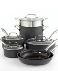 Excellence and convenience collide in a superior collection of pots, pans and all of the pieces you need for a professional kitchen. Using superior technology, this set combines hard-anodized exteriors with a dishwasher-safe long-lasting nonstick finish to deliver expertly-cooked masterpiece meals and hassle-free clean-ups. Lifetime warranty. Excellence and convenience collide in a superior collection of pots, pans and all of the pieces you need for a professional kitchen. Using superior technology, this set combines hard-anodized exteriors with a dishwasher-safe long-lasting nonstick finish to deliver expertly-cooked masterpiece meals and hassle-free clean-ups. Lifetime warranty.