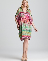 A fast foray into the color scheme, this Melissa Masse Plus dress boasts a kaleidoscope of hues atop a ethereal silhouette for a vibrant fashion statement. A fast foray into the color scheme, this Melissa Masse Plus dress boasts a kaleidoscope of hues atop a ethereal silhouette for a vibrant fashion statement.