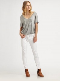 Crisp, clean denim in an ultra-skinny cropped silhouette with zippers at the ankles.THE FITSlim fitMedium rise, about 8Inseam, about 28THE DETAILSZip flyFive-pocket style55% cotton/42% tencel/3% spandex/Dry cleanMade in USA of imported fabric Crisp, clean denim in an ultra-skinny cropped silhouette with zippers at the ankles.THE FITSlim fitMedium rise, about 8Inseam, about 28THE DETAILSZip flyFive-pocket style55% cotton/42% tencel/3% spandex/Dry cleanMade in USA of imported fabric
