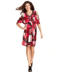 This cold-shoulder dress from Ellen Tracy features chic split sleeves that are right on-trend for the season. A high waist lends a flattering shape and the modern geometric print is simply striking! This cold-shoulder dress from Ellen Tracy features chic split sleeves that are right on-trend for the season. A high waist lends a flattering shape and the modern geometric print is simply striking!