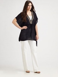 Sparkling embellishments meet fine, Indian fabrication.This pretty top features a drawstring waist to give you a perfectly accentuated silhouette. Embellished v-necklineKimono sleevesDrawstring waistPull-on styleAbout 31 from shoulder to hemRayonHand washImported Sparkling embellishments meet fine, Indian fabrication.This pretty top features a drawstring waist to give you a perfectly accentuated silhouette. Embellished v-necklineKimono sleevesDrawstring waistPull-on styleAbout 31 from shoulder to hemRayonHand washImported