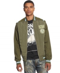Keep warm, look cool in this sleek and sporty Rocawear jacket. Keep warm, look cool in this sleek and sporty Rocawear jacket.