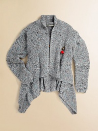 She'll be cozy in this slightly oversized woven knit, topped with an adorable pin. Fold-over collarOpen frontLong sleeves with ribbed cuffsAsymmetrical hem59% acrylic/24% polyester/7% nylon/6% mohair/4% woolMachine washImported She'll be cozy in this slightly oversized woven knit, topped with an adorable pin. Fold-over collarOpen frontLong sleeves with ribbed cuffsAsymmetrical hem59% acrylic/24% polyester/7% nylon/6% mohair/4% woolMachine washImported