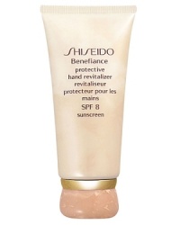 Shiseido Benefiance Protective Hand Revitalizer SPF 8. A silky hand cream that defends against roughness and dryness while providing a healthy, youthful clarity to skin. Provides moisture for smooth skin and protects hands from daily UV damage. Invisible, non-oily formula massages easily and quickly into the skin. Use daily after washing for continous protection.