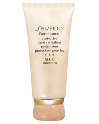 Shiseido Benefiance Protective Hand Revitalizer SPF 8. A silky hand cream that defends against roughness and dryness while providing a healthy, youthful clarity to skin. Provides moisture for smooth skin and protects hands from daily UV damage. Invisible, non-oily formula massages easily and quickly into the skin. Use daily after washing for continous protection. Shiseido Benefiance Protective Hand Revitalizer SPF 8. A silky hand cream that defends against roughness and dryness while providing a healthy, youthful clarity to skin. Provides moisture for smooth skin and protects hands from daily UV damage. Invisible, non-oily formula massages easily and quickly into the skin. Use daily after washing for continous protection.