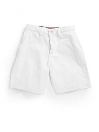THE LOOKNarrow waistband with belt loops and button closureFront zipperSide slash pocketsBack elastic waistbandDual back button welt pocketsBack logo patchTHE MATERIALCottonCARE & ORIGINMachine washImported THE LOOKNarrow waistband with belt loops and button closureFront zipperSide slash pocketsBack elastic waistbandDual back button welt pocketsBack logo patchTHE MATERIALCottonCARE & ORIGINMachine washImported