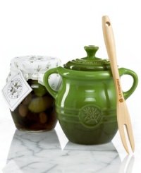 The perfect table topper! This dynamic duo, a batch of hand-prepared savory farm house olives and a classic stoneware jar marked by the incredible craftsmanship of Le Creuset, is a great take-along for housewarmings, holiday parties and more. The perfect table topper! This dynamic duo, a batch of hand-prepared savory farm house olives and a classic stoneware jar marked by the incredible craftsmanship of Le Creuset, is a great take-along for housewarmings, holiday parties and more.