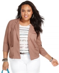 Incorporate clean-cut style into your day-to-night look with this three-quarter sleeve plus size blazer from American Rag! Incorporate clean-cut style into your day-to-night look with this three-quarter sleeve plus size blazer from American Rag!