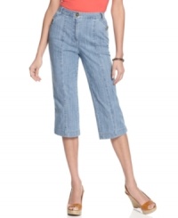 Welcome summer in Karen Scott's cropped capris, made from laid-back chambray. A comfy elastic waistband will make them your new favorites, too! Welcome summer in Karen Scott's cropped capris, made from laid-back chambray. A comfy elastic waistband will make them your new favorites, too!