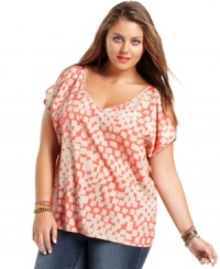 Steam up your look with Soprano's printed plus size top, featuring sassy cutouts! Steam up your look with Soprano's printed plus size top, featuring sassy cutouts!