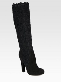 Semi-sheer floral lace pairs with suede in this tall silhouette on an elevated heel. Suede-covered heel, 4¾ (120mm)Lace and suede upperPull-on styleLeather lining and solePadded insoleMade in Italy Semi-sheer floral lace pairs with suede in this tall silhouette on an elevated heel. Suede-covered heel, 4¾ (120mm)Lace and suede upperPull-on styleLeather lining and solePadded insoleMade in Italy