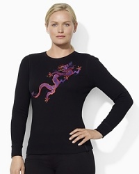 A vibrant embroidered dragon invigorates a soft waffle-knit cotton crewneck with long sleeves and ribbed accents. A vibrant embroidered dragon invigorates a soft waffle-knit cotton crewneck with long sleeves and ribbed accents.