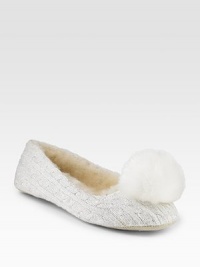 Pristine cabled cotton is adorned with glitter and a soft, pompom at the toe.Round toe Suede sole Imported Pristine cabled cotton is adorned with glitter and a soft, pompom at the toe.Round toe Suede sole Imported