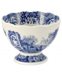 With a quaint country scene and the Imari Oriental border of Spode's Blue Italian dinnerware, this footed bowl lends distinct old-world charm to traditional tables. With a quaint country scene and the Imari Oriental border of Spode's Blue Italian dinnerware, this footed bowl lends distinct old-world charm to traditional tables.
