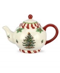 Christmas couldn't be sweeter with Spode's Christmas Tree Peppermint teapot. An iconic holiday favorite trimmed with candy stripes and sculpted holly accents makes already-delicious tea time treats especially irresistible. Christmas couldn't be sweeter with Spode's Christmas Tree Peppermint teapot. An iconic holiday favorite trimmed with candy stripes and sculpted holly accents makes already-delicious tea time treats especially irresistible.
