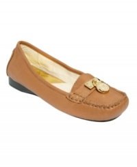 Logo hardware detailing adds panache to casually chic square-toe leather loafer flats, as demonstrated in MICHAEL Michael Kors' Hamilton. Pair them with designer jeans for a look that's laid-back yet luxe. Logo hardware detailing adds panache to casually chic square-toe leather loafer flats, as demonstrated in MICHAEL Michael Kors' Hamilton. Pair them with designer jeans for a look that's laid-back yet luxe.