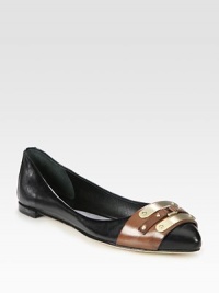 Leather flat with contrast trim and goldtone plating. Leather upperLeather lining and solePadded insoleImportedOUR FIT MODEL RECOMMENDS ordering one half size down as this style runs large. Leather flat with contrast trim and goldtone plating. Leather upperLeather lining and solePadded insoleImportedOUR FIT MODEL RECOMMENDS ordering one half size down as this style runs large.