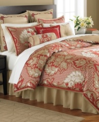 The royal treatment. A bold pattern of flourishes and leaves in a red and gold palette embellishes this Empire Court comforter set from Martha Stewart Collection. Comes complete with shams, bedskirt and three decorative pillows to turn your bedroom into a majestic palace. The royal treatment. A bold pattern of flourishes and leaves in a red and gold palette embellishes this Empire Court comforter set from Martha Stewart Collection. Comes complete with shams, bedskirt and three decorative pillows to turn your bedroom into a majestic palace.
