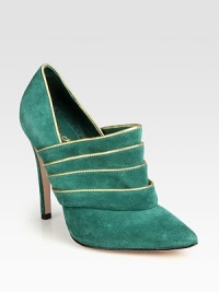 Layered suede with metallic leather trim redefines this point toe style. Self-covered heel, 4½ (115mm)Suede upper with metallic leather trimPoint toePull-on styleLeather lining and solePadded insoleImported Layered suede with metallic leather trim redefines this point toe style. Self-covered heel, 4½ (115mm)Suede upper with metallic leather trimPoint toePull-on styleLeather lining and solePadded insoleImported