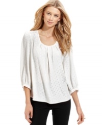 NY Collection's top is designed with a breezy fit and a tonal dot print. NY Collection's top is designed with a breezy fit and a tonal dot print.