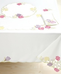 Spring is in the air and at your table with breezy Tulip Dance linens. Embroidered florals, delicate cutwork and scalloped edges shape Homewear's durable white table runner for this season and next. Spring is in the air and at your table with breezy Tulip Dance linens. Embroidered florals, delicate cutwork and scalloped edges shape Homewear's durable white table runner for this season and next.