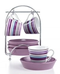 Sip in style. Fire glazed to a beautiful shine, these stoneware espresso cups and saucers are designed for the true coffee connoisseur. Includes an elegant chrome rack for serving and storing. Sip in style. Fire glazed to a beautiful shine, these stoneware espresso cups and saucers are designed for the true coffee connoisseur. Includes an elegant chrome rack for serving and storing.