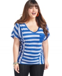 Look on-trend from every angle with Eyeshadow's short sleeve plus size top, spotlighting stripes and lace detail! Look on-trend from every angle with Eyeshadow's short sleeve plus size top, spotlighting stripes and lace detail!
