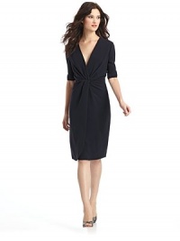 THE LOOKDeep V-necklineGathered pleating at center frontThree-quarter length sleevesBack zip closureTHE FITAbout 42 from shoulder to hemTHE MATERIALSilkFully linedCARE & ORIGINDry cleanMade in Italy THE LOOKDeep V-necklineGathered pleating at center frontThree-quarter length sleevesBack zip closureTHE FITAbout 42 from shoulder to hemTHE MATERIALSilkFully linedCARE & ORIGINDry cleanMade in Italy