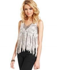 A macrame vest with fringe benefits, this piece from Jessica Simpson adds legit boho-style to your day ensemble! A macrame vest with fringe benefits, this piece from Jessica Simpson adds legit boho-style to your day ensemble!