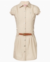Fresh fashion. Smocked ruffles on the sleeves and a preppy accessory belt accent this shirtwaist dress from Guess, making it a lovely look for summer. Fresh fashion. Smocked ruffles on the sleeves and a preppy accessory belt accent this shirtwaist dress from Guess, making it a lovely look for summer.