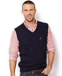 Go from basic to classic by simply layering on this handsome cabled sweater-vest from Nautica. Go from basic to classic by simply layering on this handsome cabled sweater-vest from Nautica.