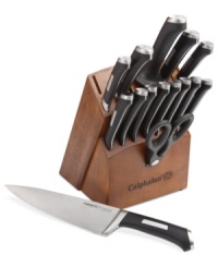 Aerial view. Labeled handles give you the best view of the block and let you know identify knives in a split second. Precision cut from high-carbon German steel, each long-lasting, durable blade features a full bolster that promotes a balanced, safe & comfortable grip for every task on the list. Aerial view. Labeled handles give you the best view of the block and let you know identify knives in a split second. Precision cut from high-carbon German steel, each long-lasting, durable blade features a full bolster that promotes a balanced, safe & comfortable grip for every task on the list.