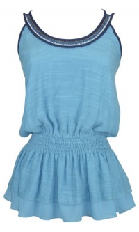 Fappac Women's Beaded Trim Aqua Smocked Tank Top - Blue - Small Fappac Women's Beaded Trim Aqua Smocked Tank Top - Blue - Small