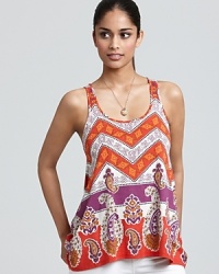 A vibrant paisley print brings bohemian chic to this summer-perfect C&C California tank. A vibrant paisley print brings bohemian chic to this summer-perfect C&C California tank.