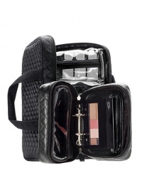 Whether it's an overnight stay or a long journey, organize your beauty in style. This quilted case contains a mini Planner, two clear velcro pouches with zipper closure and a side pocket for extra storage. Zip around closure Lined with an easy-to-clean material 9H X 13¼L X 3W